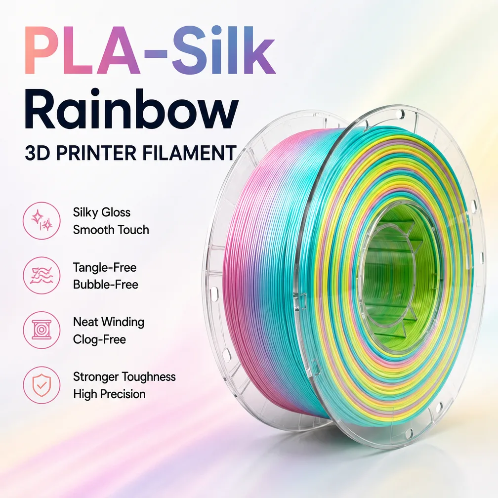 High Precision PLA-Silk Rainbow 3D Printer Filament, Multi-Color Gradient Silky Shine for FDM 3D Printers
