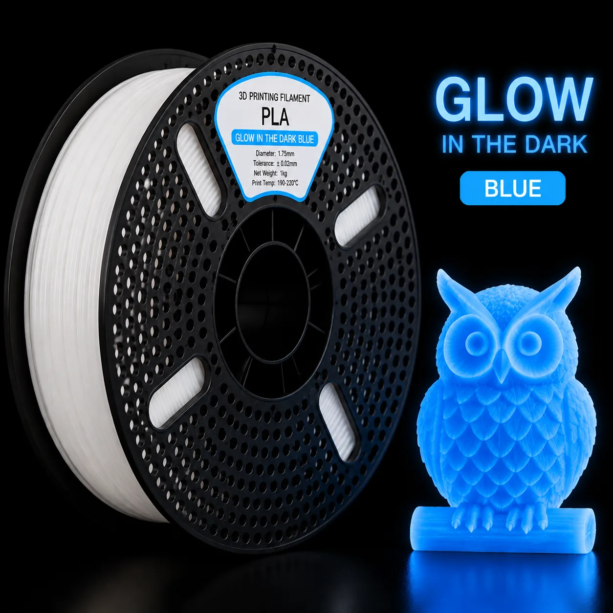Rapid PLA Filament 1.75mm Luminous Blue,High Speed Printing Glow in Dark 3D Printer Filament 1kg, Brilliant, Long-Lasting Glow